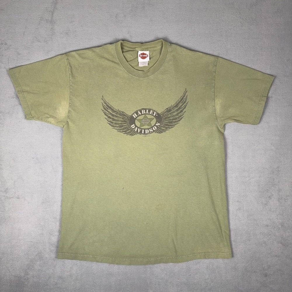 Harley Davidson T‎ Shirt Mens XL Olive Green Wings Military Apols Minnesota USA